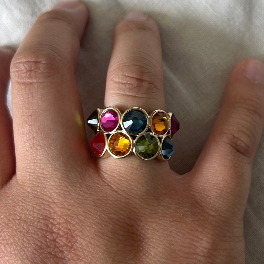 Trina Turk Rainbow Crystal Cluster Gold Statement Ring 7-8 Funky Eclectic Party